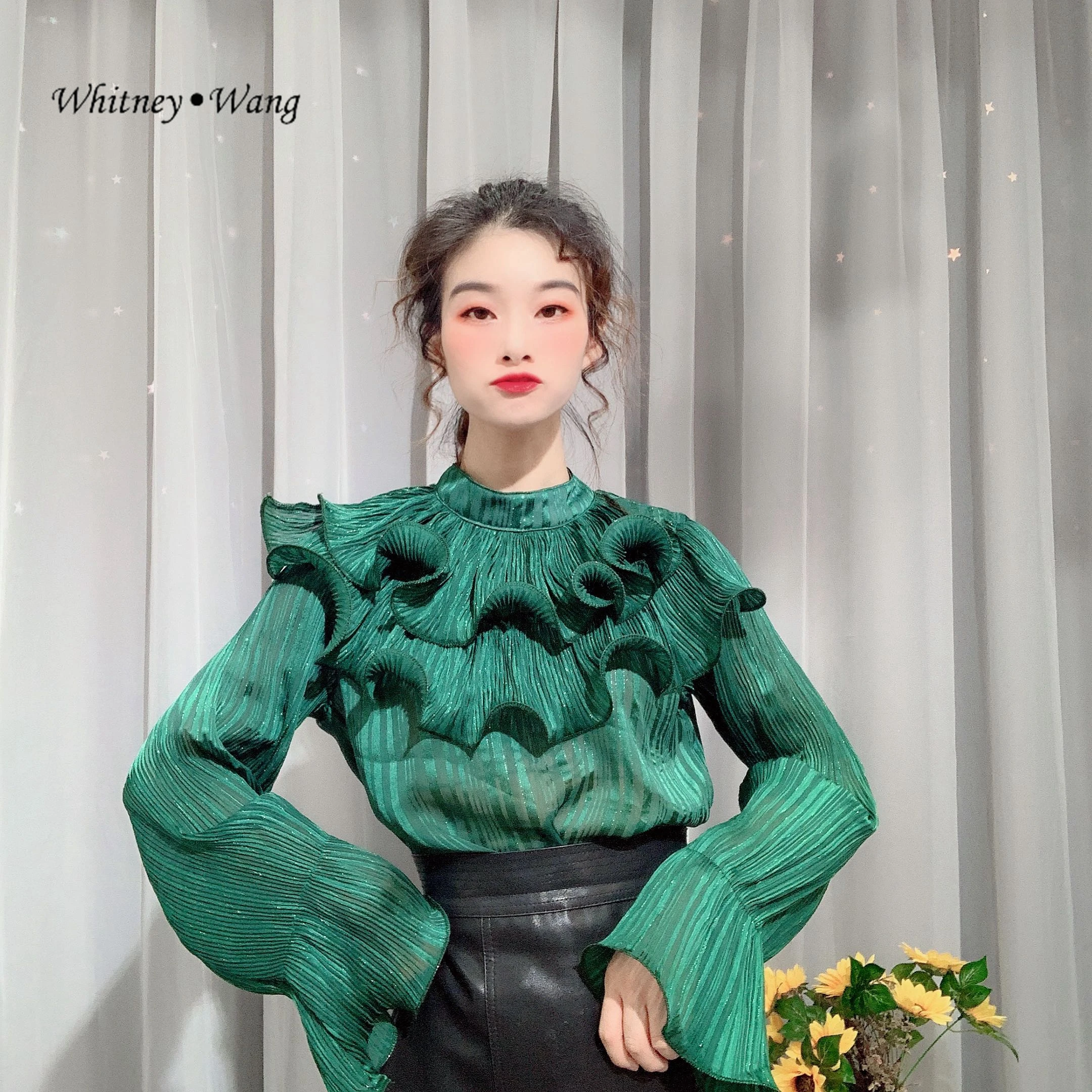 WHITNEY WANG блузки весна 2020 модная уличная одежда плиссированные оборки блестящая
