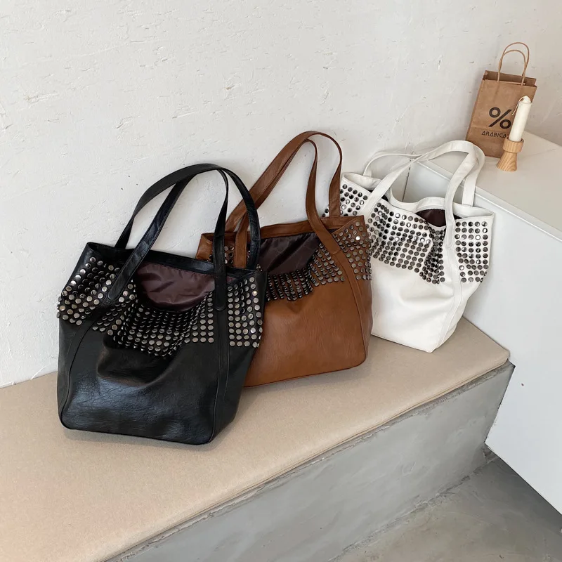 western style texture 2022 new women trendy fashion simple high sense large capacity rivet all match single shoulder bucket bag free global shipping