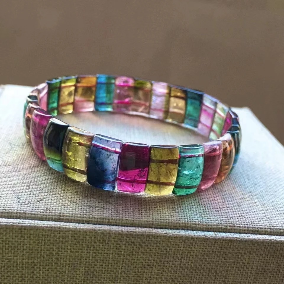 

Natural Colorful Tourmaline Watermelon Bracelet Clear Rectangle Beads 11.8/6.5mm Women Men Crystal Stretch Bangle Rare AAAAA