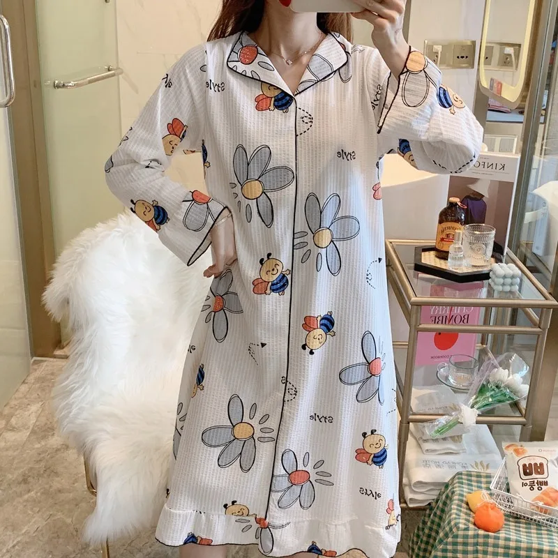 

Korean Nightdress Ladies Spring and Summer Cotton Pajamas Long Sleeves Mid-length Cartoon Sweet and Loose Home Suit for Women