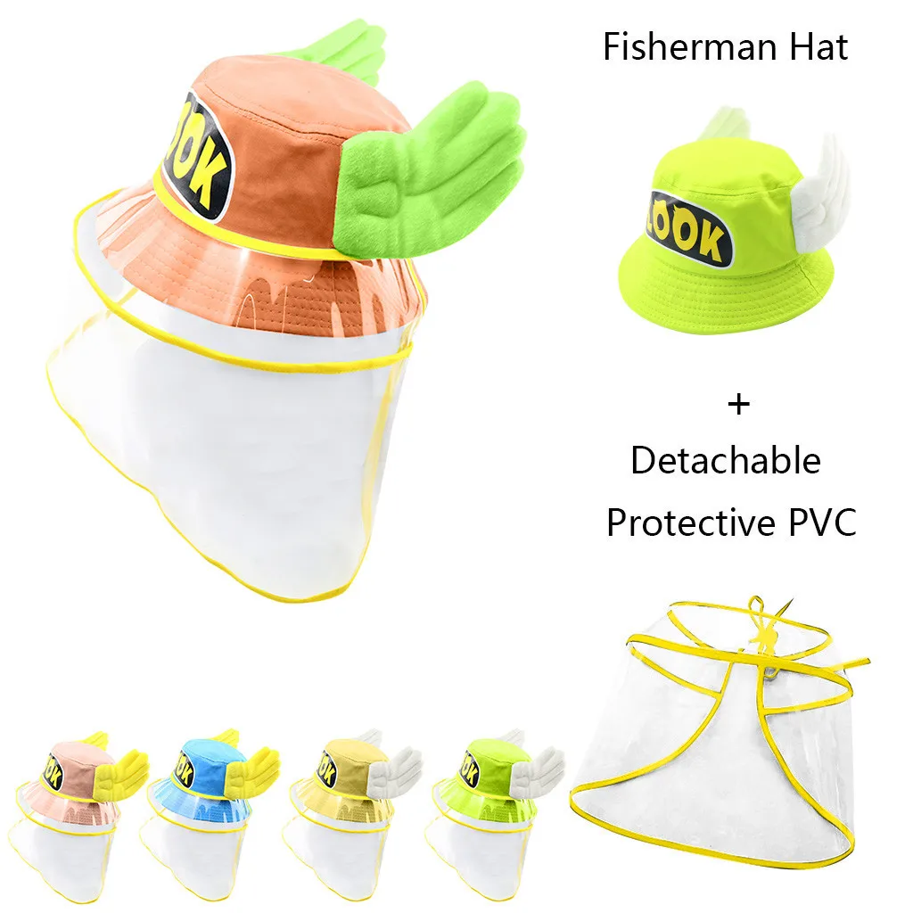 

LONSANT Kids Protective hat Letter cartoon wings pattern Anti-spitting Fisherman Hat Removable Dustproof Cover Boy Girl Hats new