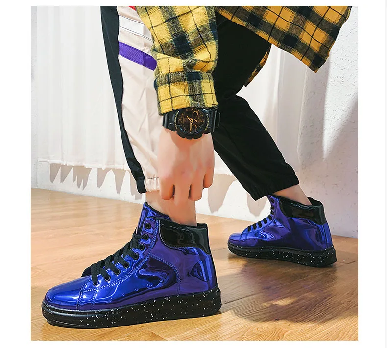 Sooneeya High Top Patent Leather Casual Shoes Men Glitter Luxury Boots Male Driving Shoes Brand Designer Bling Leather Shoes