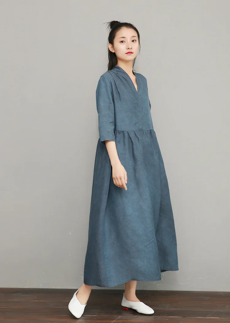 NINI WONDERLAND, летнее платье с v-образным вырезом,, женское, Tencel, льняное, винтажное платье, женское, одноцветное, длинное платье, халат, высокое качество