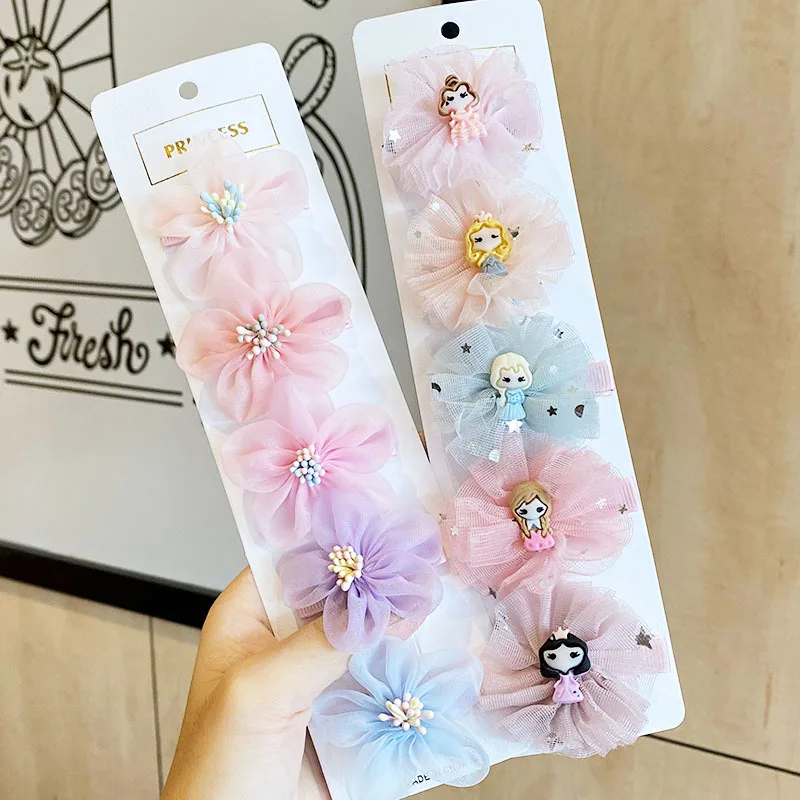 

5Pcs/Set Children Sweet Headwear Kids Lace Dot Ribbon Bow Hair Clip Cartoon Princess Hairpin Hair Accessories Headdress For Girl