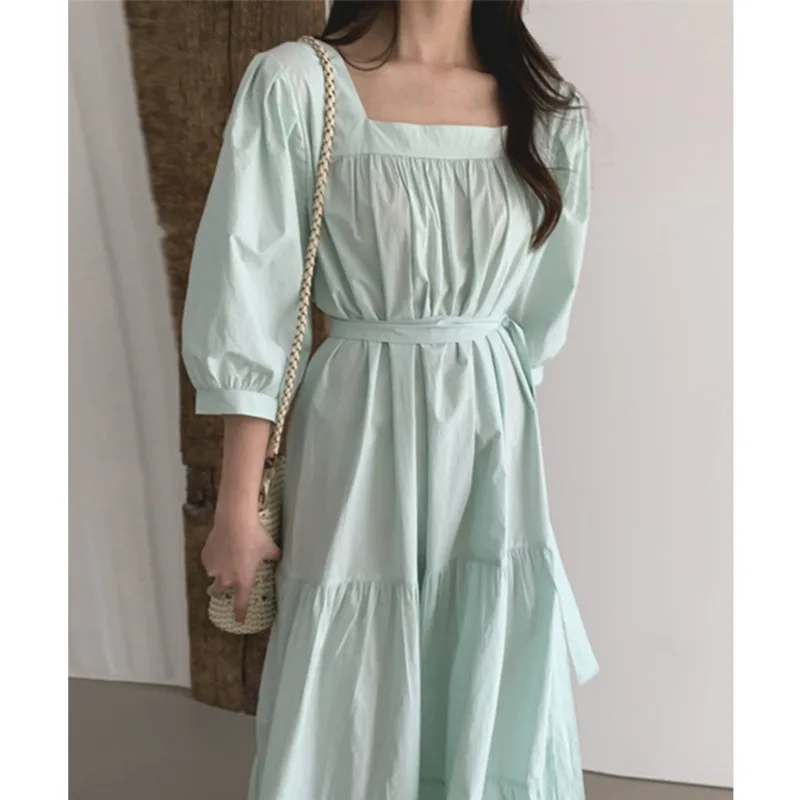 

Женское платье оверсайз с высокой талией, элегантное винтажное длинное платье с квадратным вырезом и шнуровкой, E790, лето-осень 2021