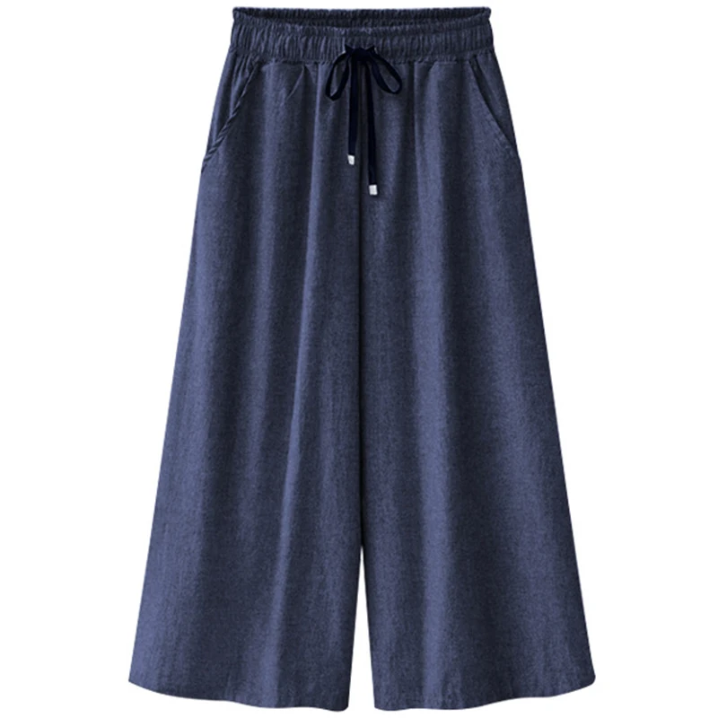 

Women's Wide Leg Pants Solid Color Loose Cropped Trousers Elastic High Waist Female Summer Drawstring Fashion Straight Casual