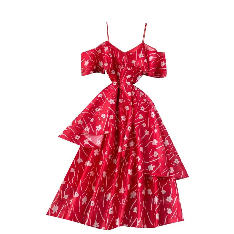 

Holiday Dress Goddess Temperament Scheming off-the-Shoulder Design Irregular Ruffled Slim Mid-Length Halter Skirt
