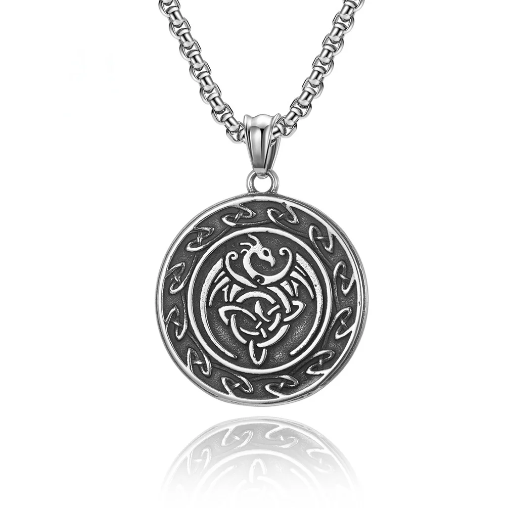 

Vintage Nordic Viking Celtics Dragon Men Necklace Round Pendant Stainless Steel Chain for Male Punk Jewelry