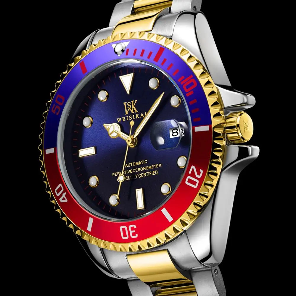 WEISIKAI мужские механические часы цветные наручные с ремешком из нержавеющей стали