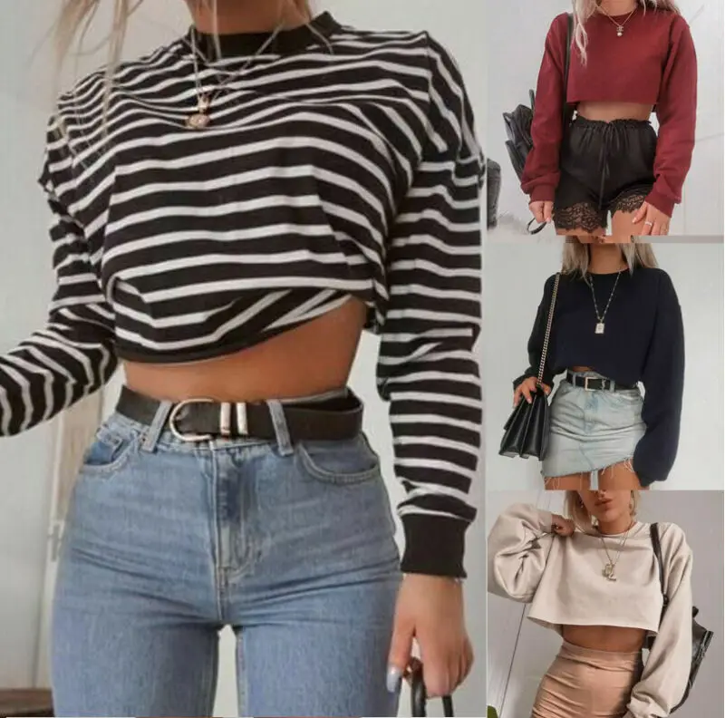 Woman black striped top Round Neck Long Sleeve Street Wear Short Blouses Shirts Fashion woman clothes | Женская одежда