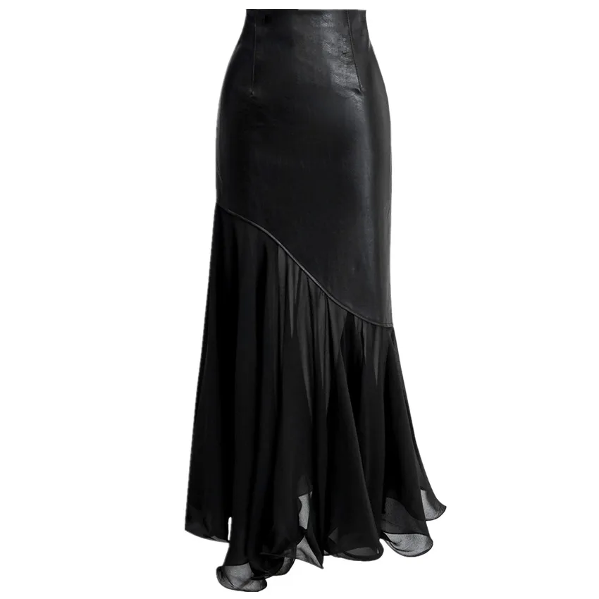

new arrival autumn winter faux leather long skirt women high waist package hip chiffon stitching pu skirt