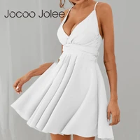jocoo jolee women sumemr sexy deep v neck strap a line dress elegant solid slim sundress beach party mini dress casual tunics