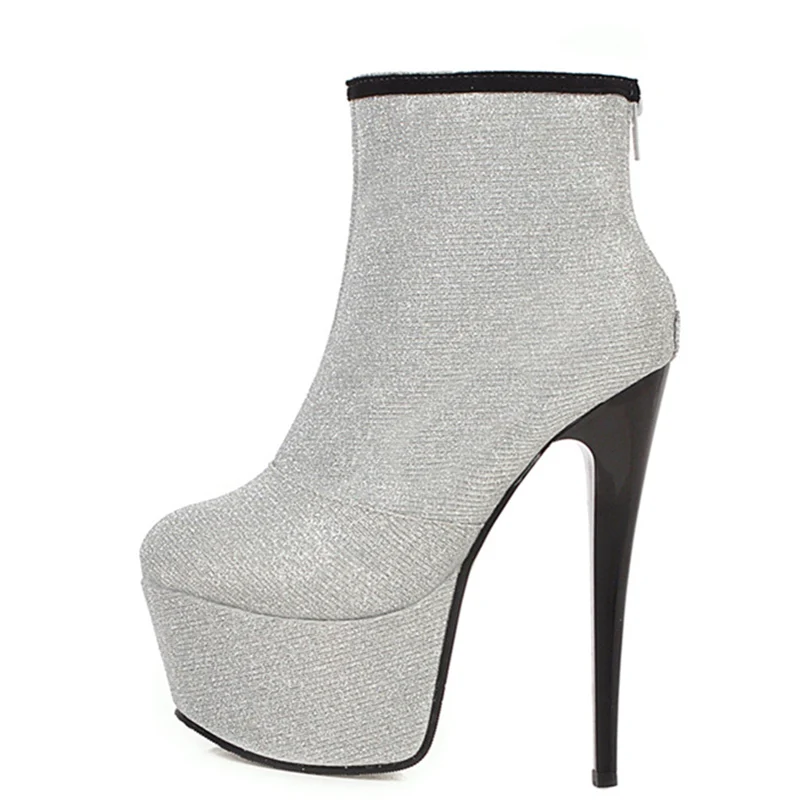 Ботильоны женские на платформе с блестками высоком каблуке 16 см серебристые