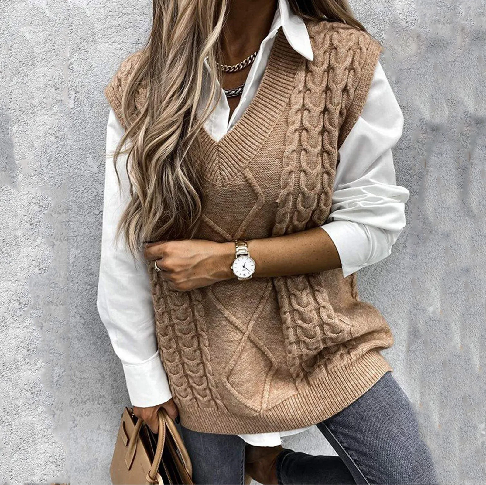

Womens Preppy Style Sweater Vest Commute Knitwear Tank Top Sleeveless V-Neck Vintage Knit Sweaters Y2K джемпер женский 2022
