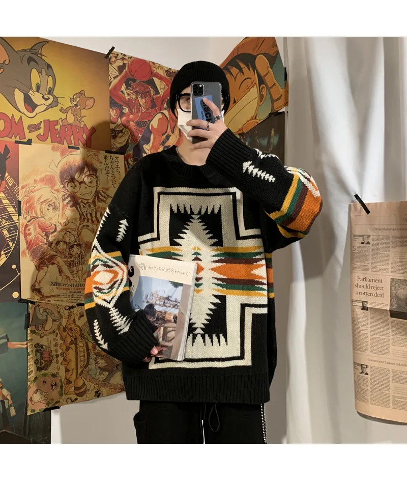 

Autumn Winter Men's Pullover Loose O-neck Printed Stretchy Thicken Warm Fashion Hip-hop Knitting Wool Quality Male Sweater