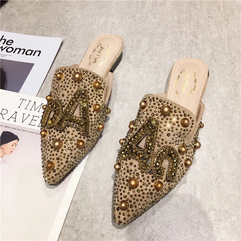 2Beige Модные шлепанцы без задника; женская обувь на плоской подошве; яркие стразы; женские летние Лоферы без шнуровки; Женская Роскошная Брендовая обувь - Цвет: 2Beige