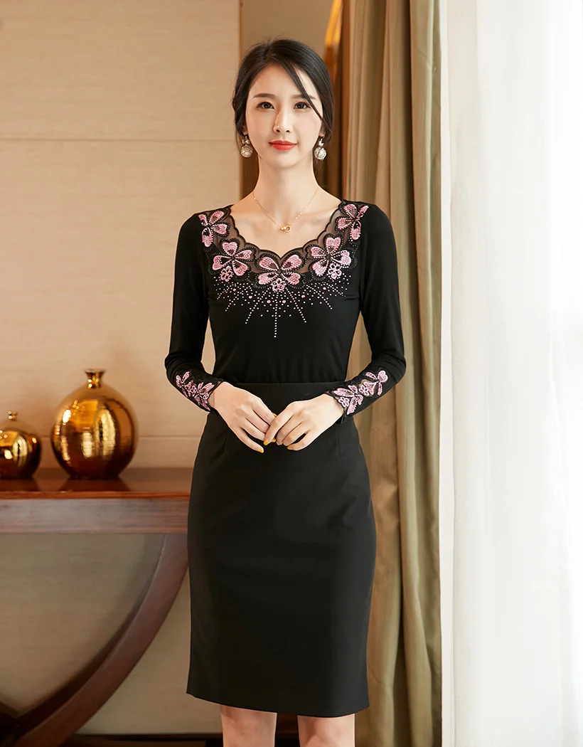 Blusas mujer de moda, Осенние сетчатые топы с длинными рукавами и вышивкой, модная Повседневная Блузка с бриллиантами, рубашка, большие размеры
