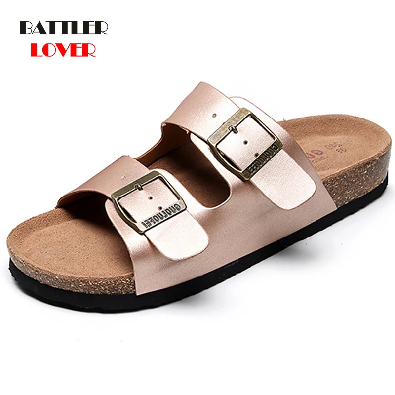 

Fashion Summer Platform Cork Slipper For Women 2021 Unisex Casual Sandals Lovers Outdoor Double Buckle Mixed Color Beach Slides