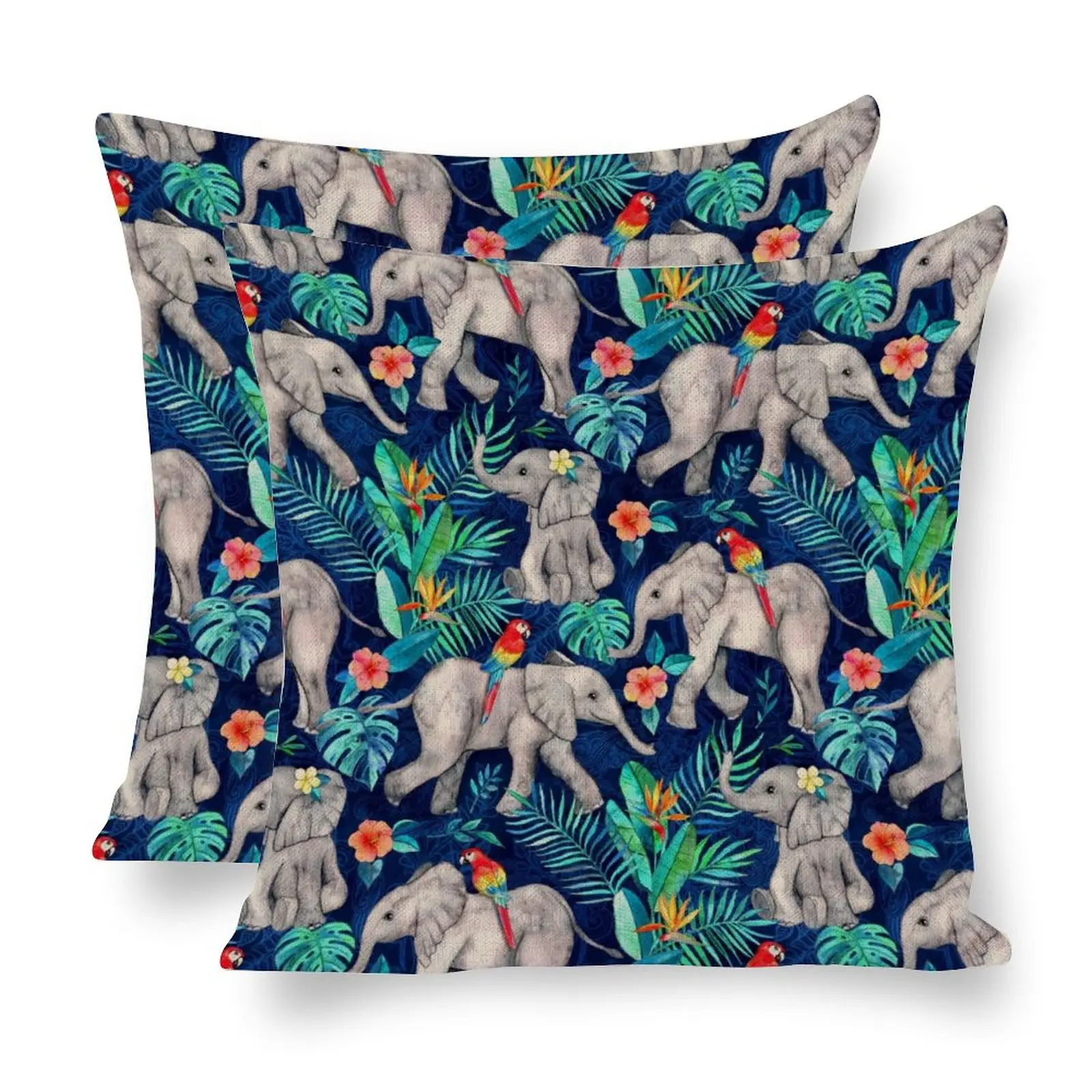 

Mandala Elephants And Parrots Throw Pillow Flax Vintage Antique Boho Decorative Cushioin Bed Square 18'×18' Gift