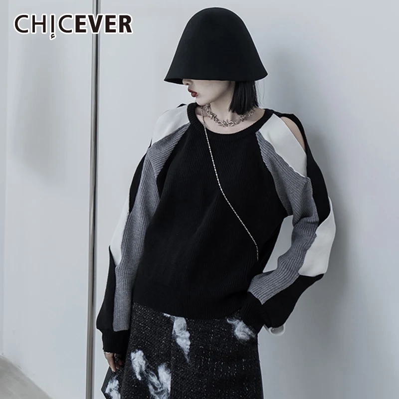 

CHICEVER Повседневный свободный свитер с вырезом для женщин, круглый воротник, длинный рукав, вязаный пуловер, Женская корейская модная одежда ...