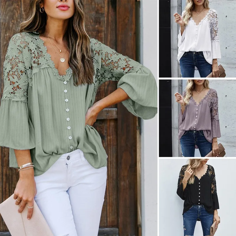 

ROPALIA Lace Hollow Out Top Women Summer Long Sleeve Pure Color Deep V Pullover T-shirt