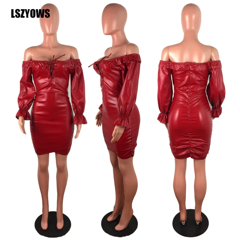 

Ruffle Off Shoulder Faux Pu Leather Dress Women Flare Sleeve Lace Up Clubwear Mini Dress Ruched Solid Sexy Bodycon Party Dresses