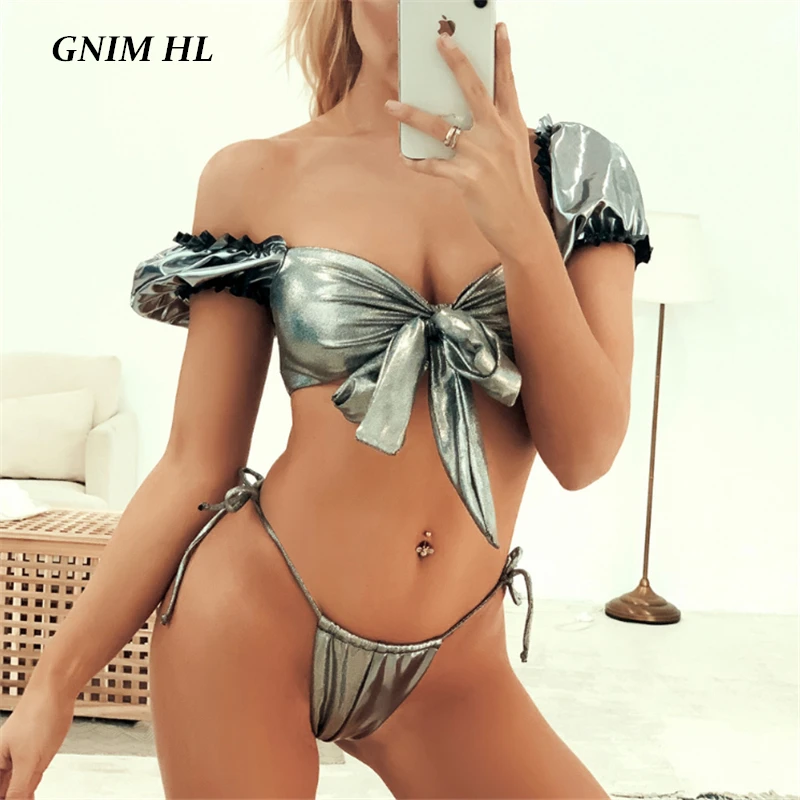 

Bandage Swimwear Women Push Up Sexy Short Sleeve Thong Bikini Mujer 2021 Shiny Swimsuit Female Summer Beachwear Bathing Suit New