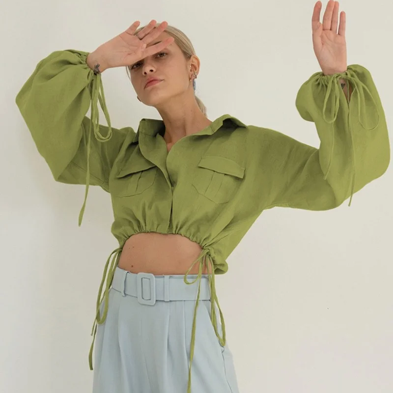 

Autumn New Cotton Hemp Drawcord Waist Closing Work Clothes Pocket Short Open Navel Long Sleeve Shirt Casual Street Women's Wear