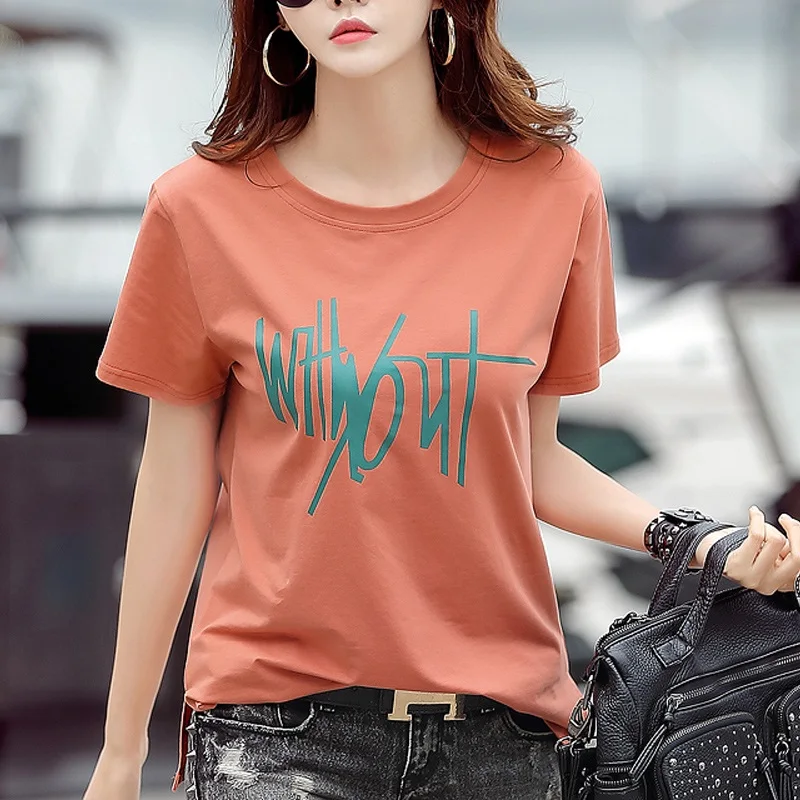 

T-shirt Tops Shirt Pure cotton letters printed s female 2021 new joker big yards fat mm fashionable western style ins tide