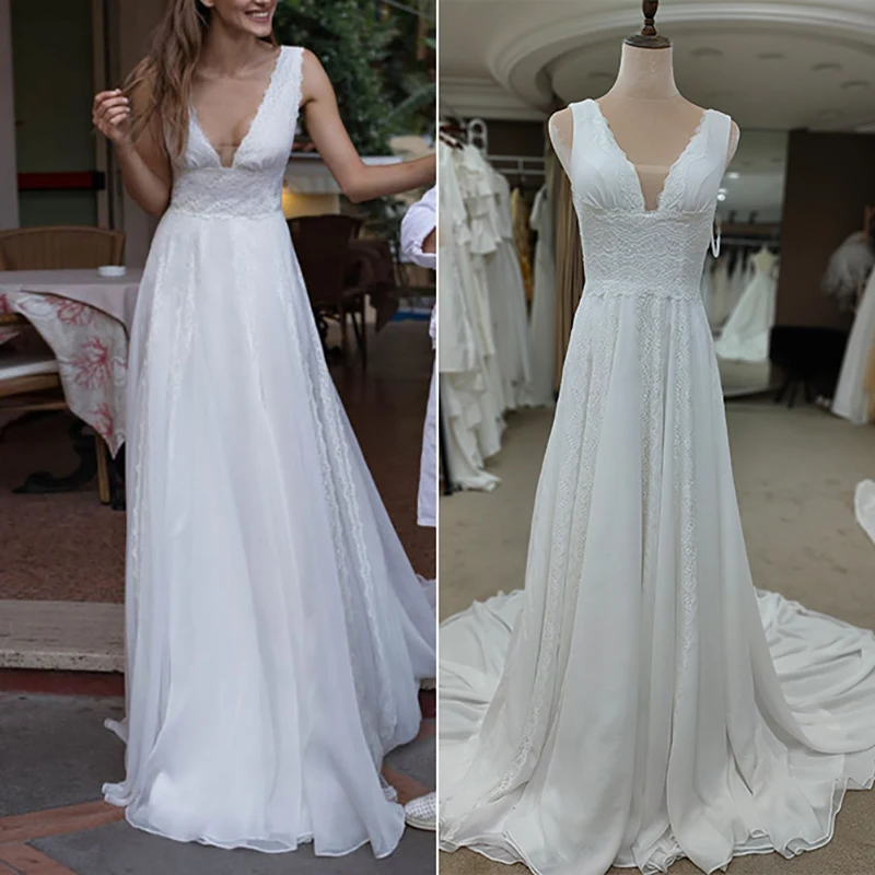 

6284#Elegant Beach Boho V Neck Lace A-Line Chiffon Backless Sleeveless Bohemian Beach Party Elegant Wedding Dress Bridal Gown