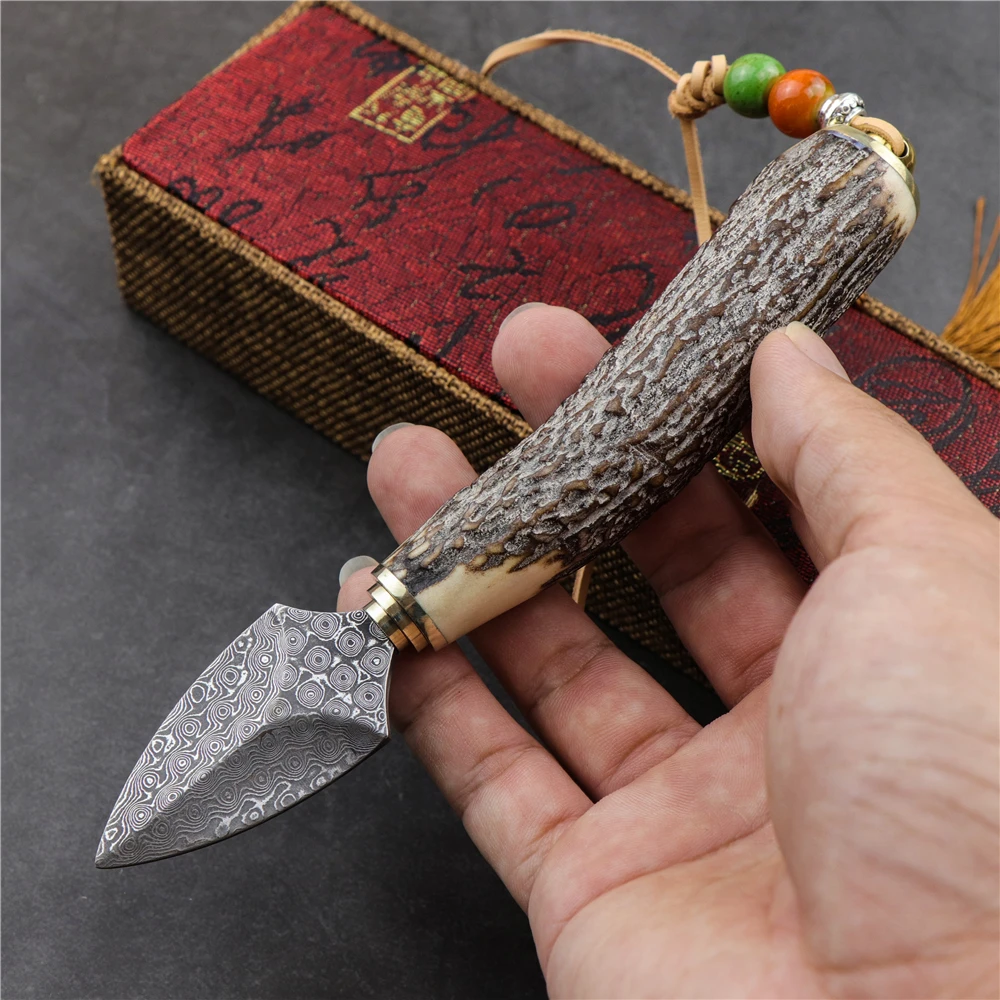 

Handmade Damascus steel staghorn handle tea knife handicraft collection tea cone tea set accessories