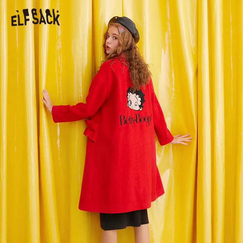 ELFSACK одноцветное с принтом Бетти прямое двубортное шерстяное пальто для женщин