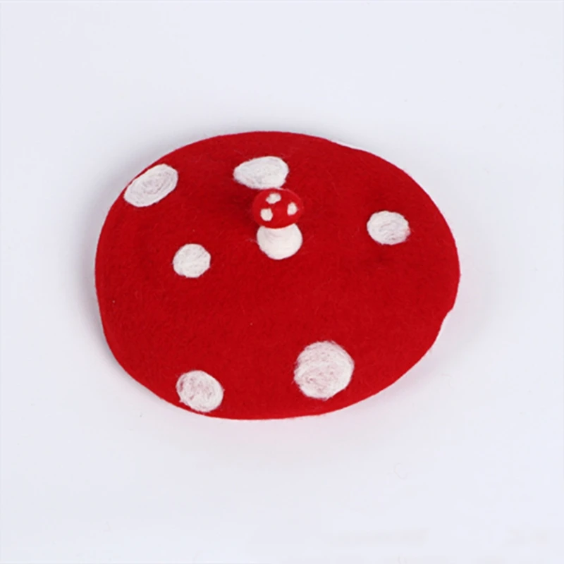 Women Kids Cute Small Mushroom Beret Cap Faux Felt Wool White Point Painter Hat M89E