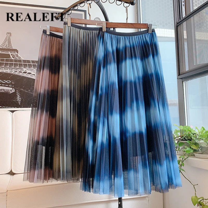 

REALEFT Vintage Gradient Striped Mesh Pleated Women Long Skirt 2021 New Spring Summer High Waist Harajuku Umbrella Skirts Womens