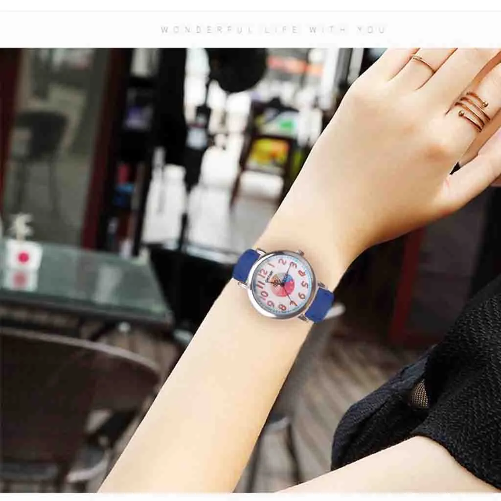 Милые женские часы креативные с серебряным циферблатом кожаный ремешок