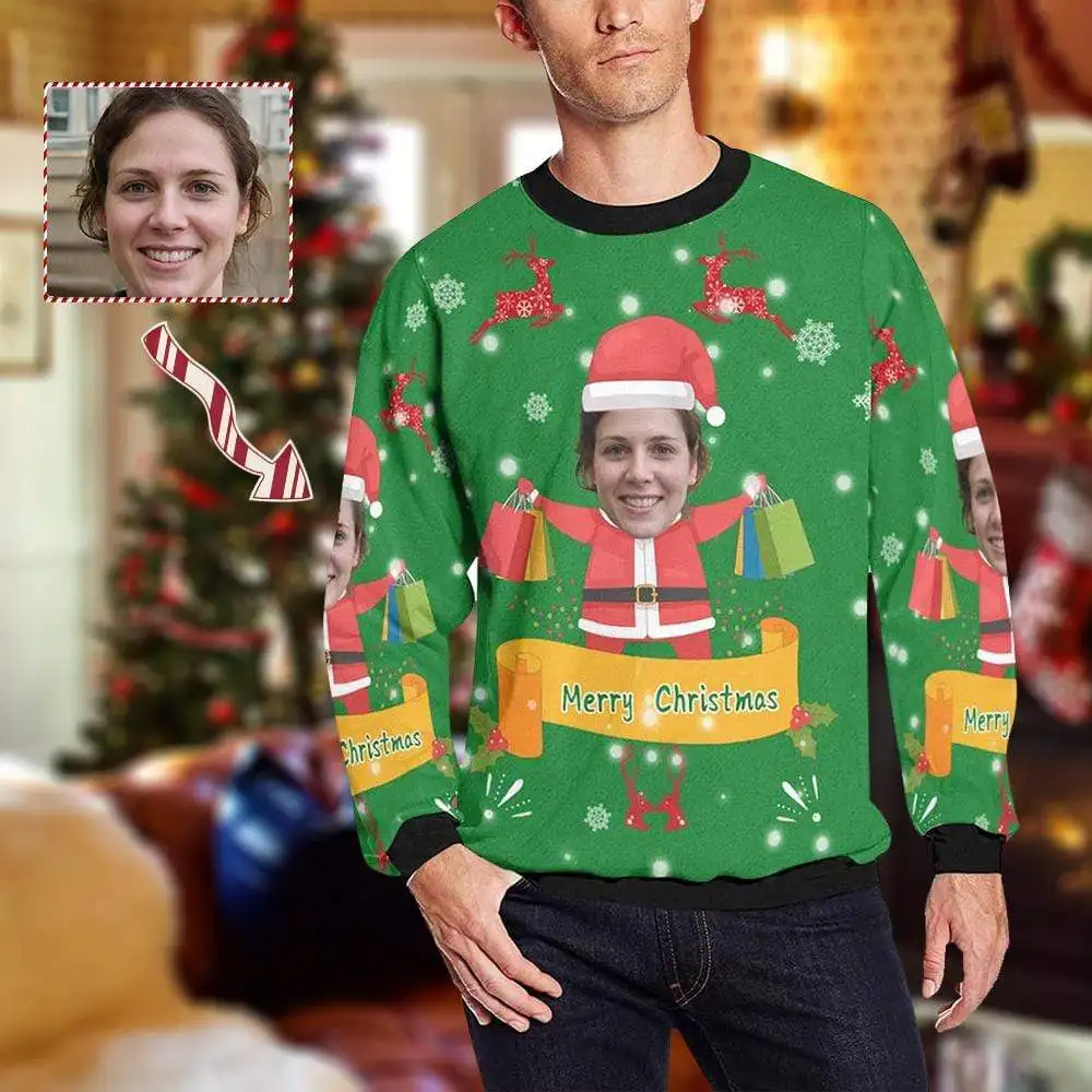 

Custom Couple Face Christmas Shopping Crewneck Sweatshirt Long Sleeve Novelty Clothes Print Unique Gifts Personalized Autumn