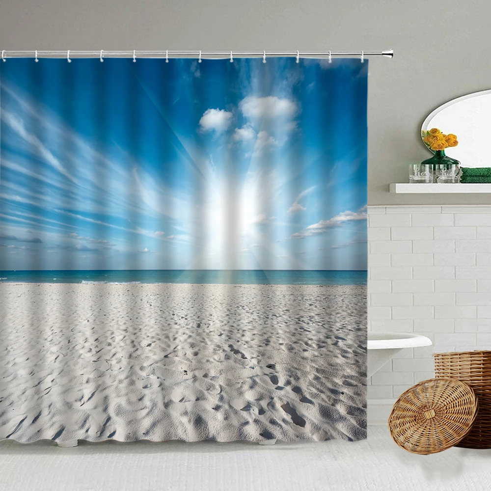 

Ocean Beach Shower Curtain Waves Blue Sky Hawaii Scenery Bathroom Blackout Waterproof Screen Photography Background With Hook