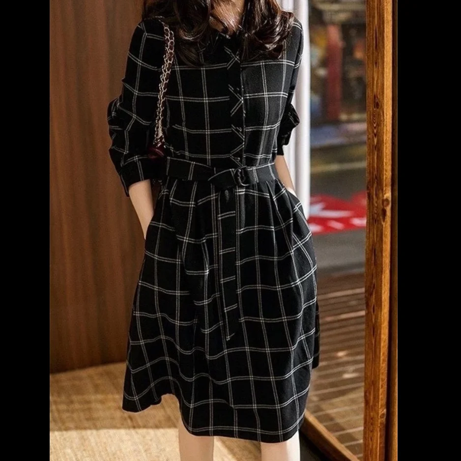 

Women Long Sleeve Plaid Dress Causal High Quality Female Dresses