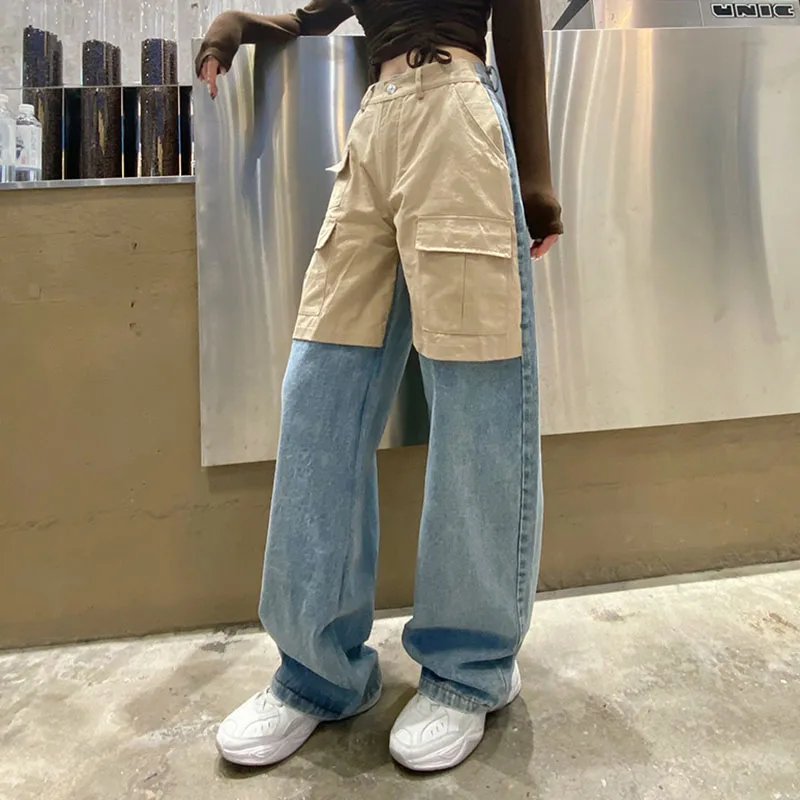 

SeeBeautiful Spliced Fake Two Pieces Loose Jeans Lace Up Pockets Wide Leg Denim Pants New Fashion 2021 Autumn Women G796