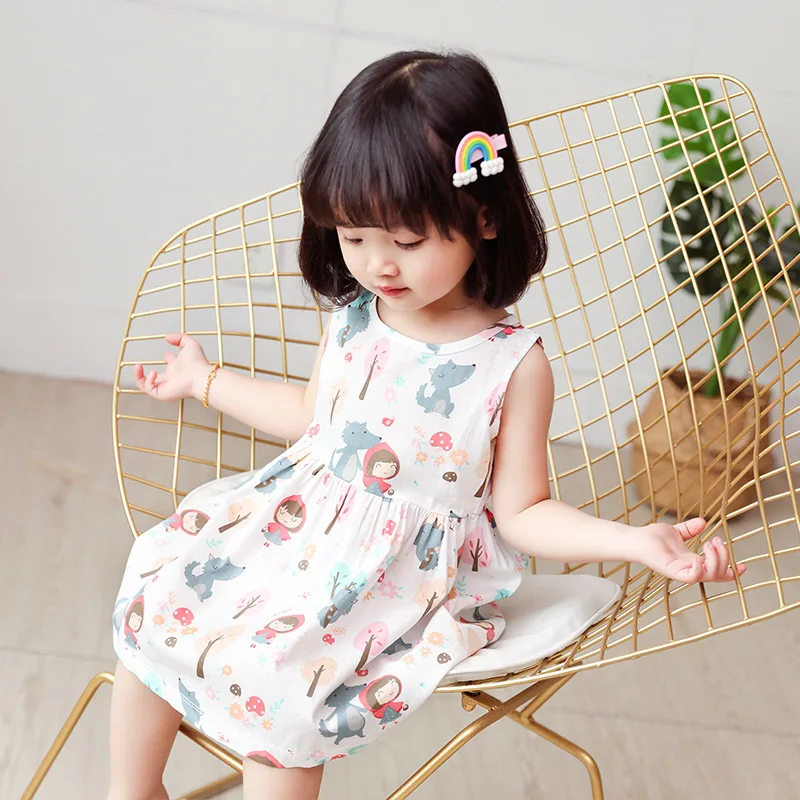 Children Dresses Kids Girl Sleeveless Flower Print Cotton and Linen Floral Dress 2020 Baby Spring Summer for Girls | Детская одежда и