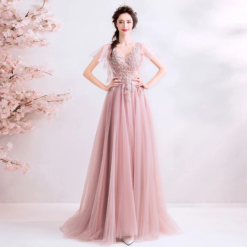 2021 Новый Праздничное платье с низким вырезом на спине розовое кружевное v
