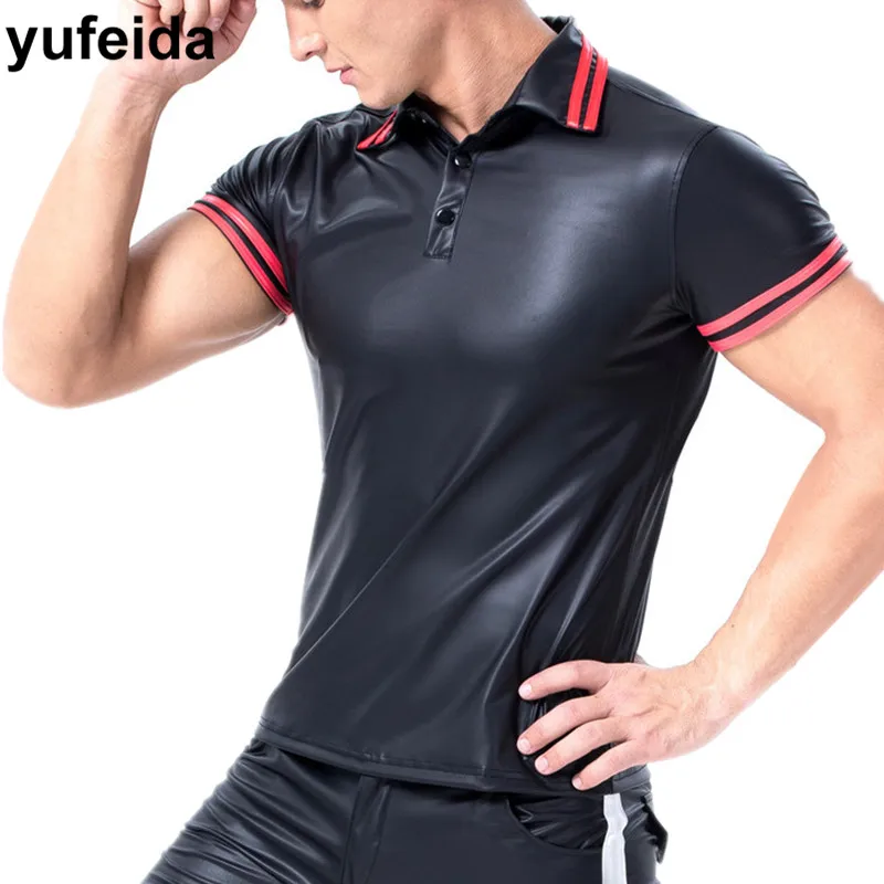 

Mens Undershirts PU Leather Short Sleeve T-shirts Tees Tight Wet Look Gym Fitness Bodybuilding Tops Party Stage Dance Clubwear