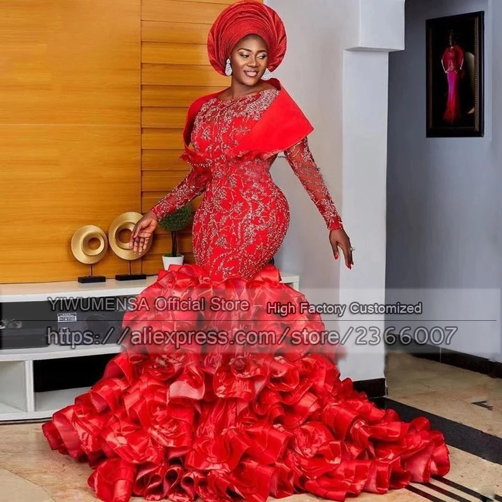 

Aso Ebi African Dubai Cascading Ruffles Tiered Mermaid Prom Dresses Red Tulle Long Sleeves Beaded Organza Formal Evening Gowns