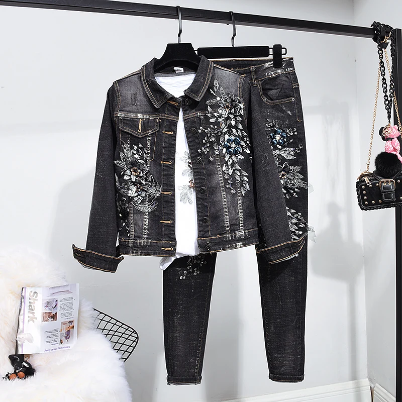 

2021 Autumn Women Vintage Long Sleeve Bronzing Beading Flower Denim Jacket + Little feet Jeans Two Piece Set Ladies Clothes H976