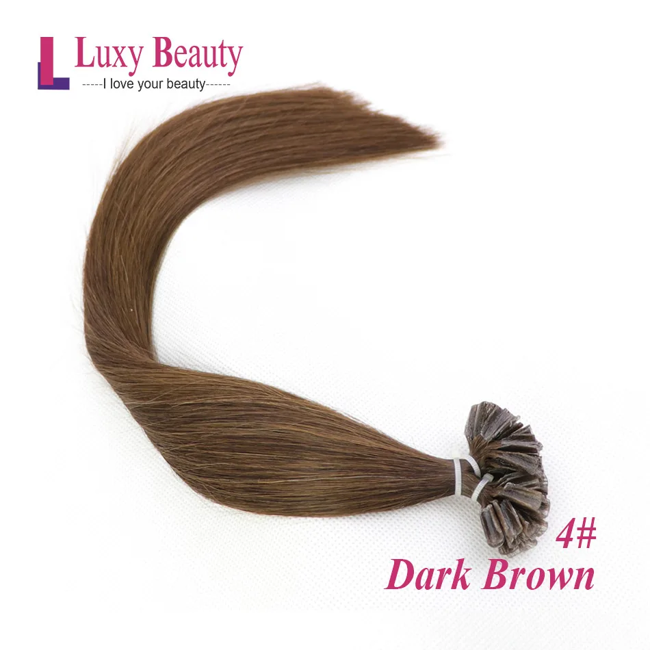 #4 LuxyBeauty, волосы для ногтей, 1 г/шт., 1"-22"#4, темно-коричневые человеческие волосы, накладные волосы, кератиновые, Remy, прямые, машина, сделано - Цвет: #4