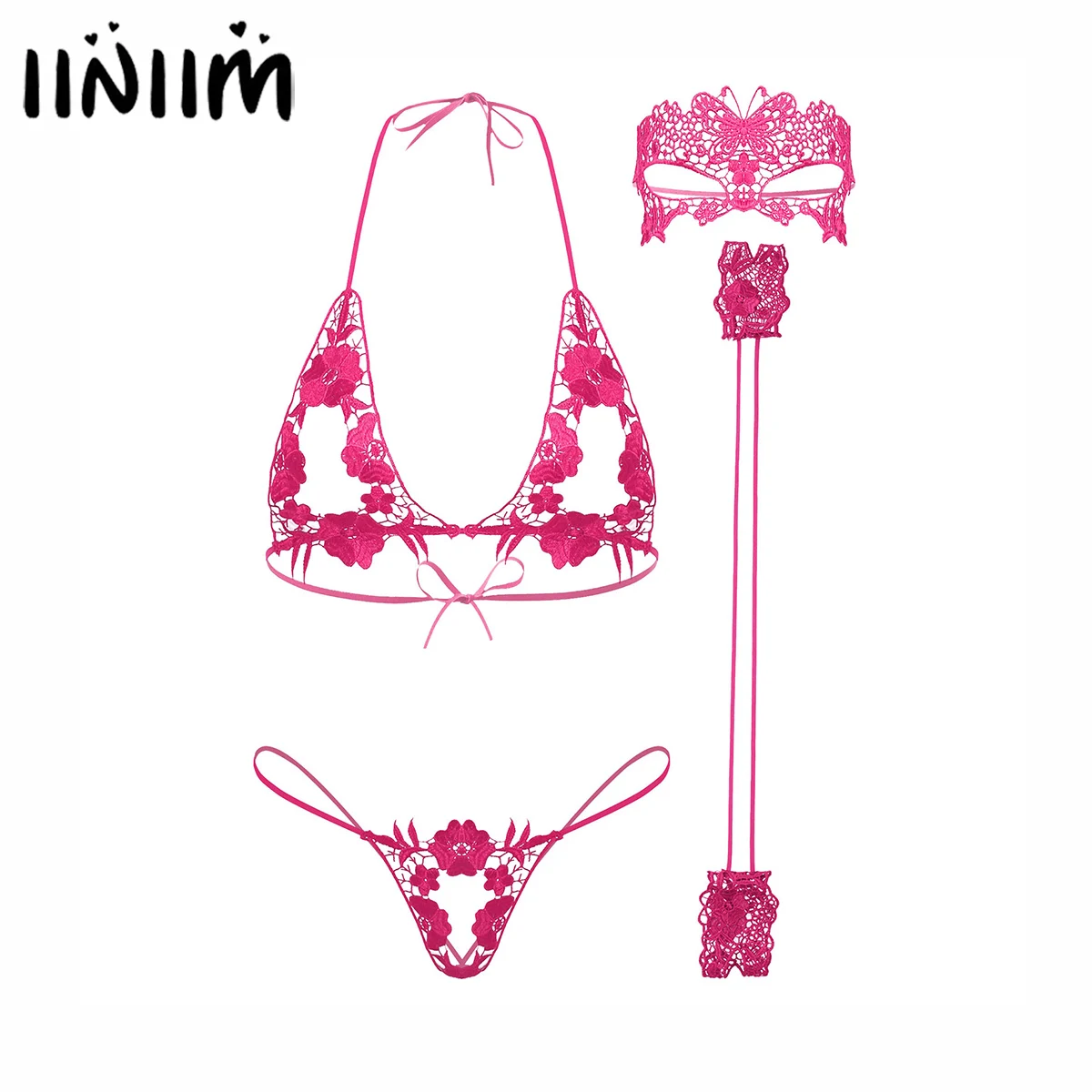 

Women Female Floral Embroidery Hollow Out Lingerie Sets Underwear Sleepwear Lace-up Bra Crotchless G-string with Cuffs Eye-mask