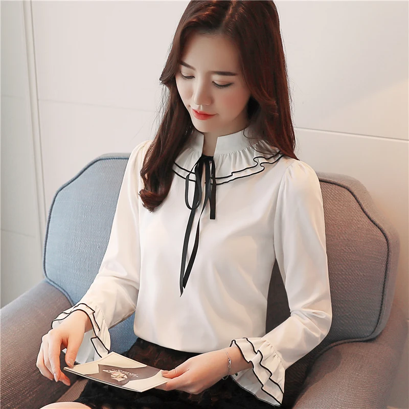 2019 модная женская блузка Рубашки шифоновые с длинным рукавом белые женские топы