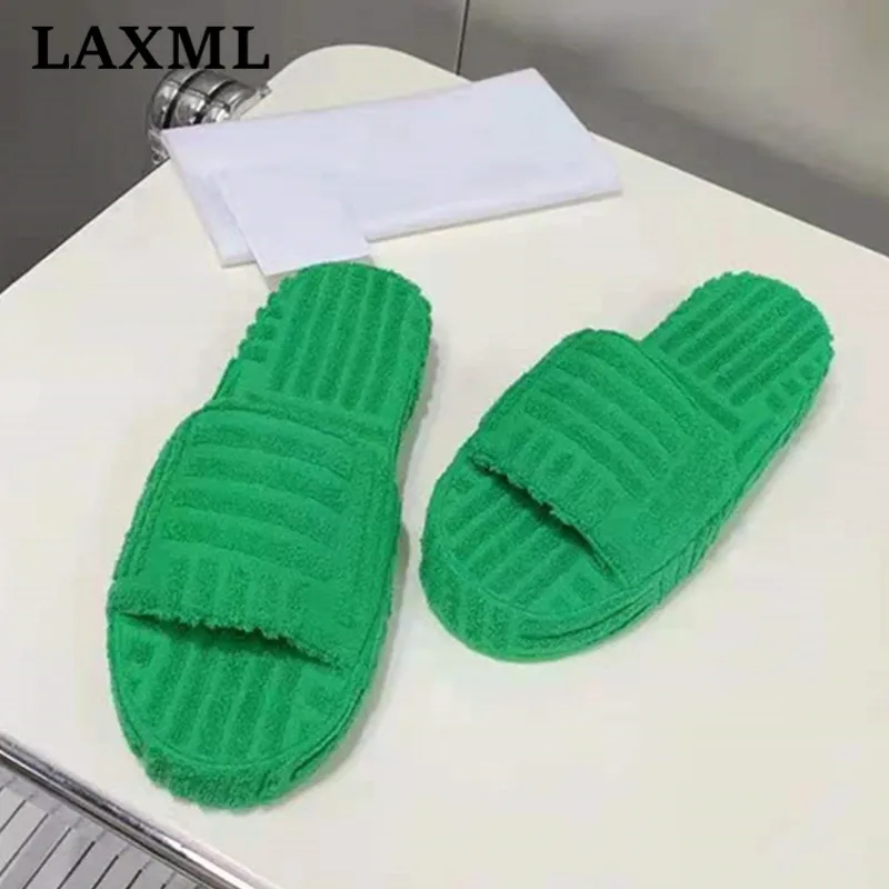 

LAXML Brand Design New Style Green Women's Slippers Thick-Soled Outer Wear Furry Stripes Fashionable Slippers Casual Women Shoes