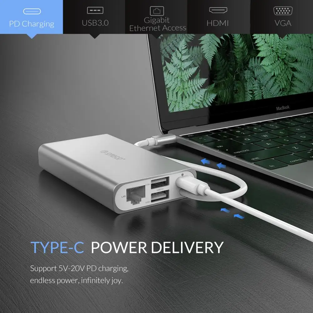 Док станция для ноутбука ORICO 6 в 1 type C из алюминиевого сплава 4K видео HD RJ45 сетевой