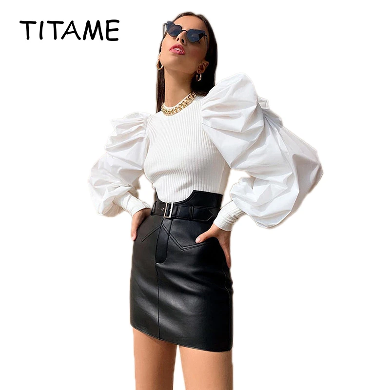 Женская блузка TITAME рубашка топы Модный женский топ с пышными рукавами облегающая